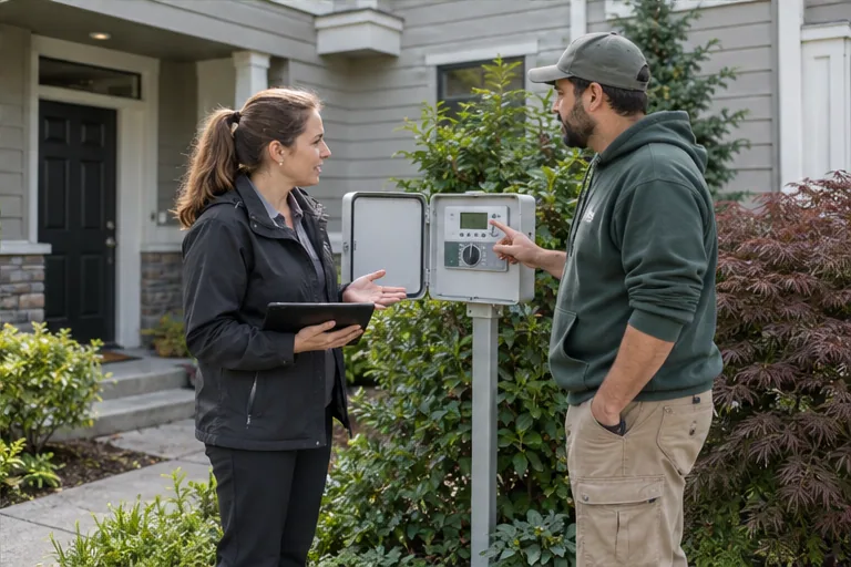 Illustration of a property manager and gardener discussing an irrigation controller.