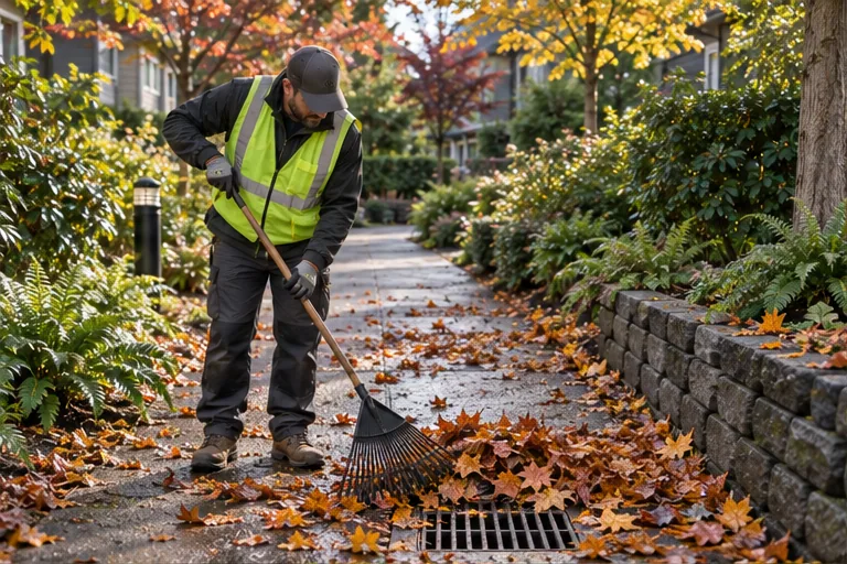 Illustration of a worker raking leaves away from a surface drain.