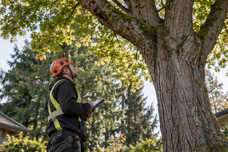 Illustration of an arborist taking notes while assessing a mature tree from the ground.