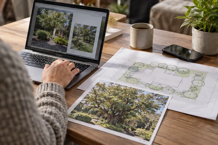Illustration of a homeowner checking a computer with a property plan and tree photo.