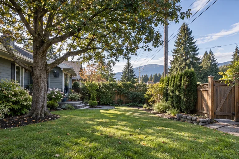 Illustration of a residential yard with a mature tree and overhead wires.