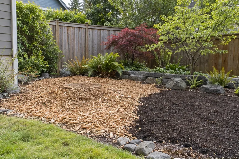 Illustration of a garden area after stump grinding with wood chips present.
