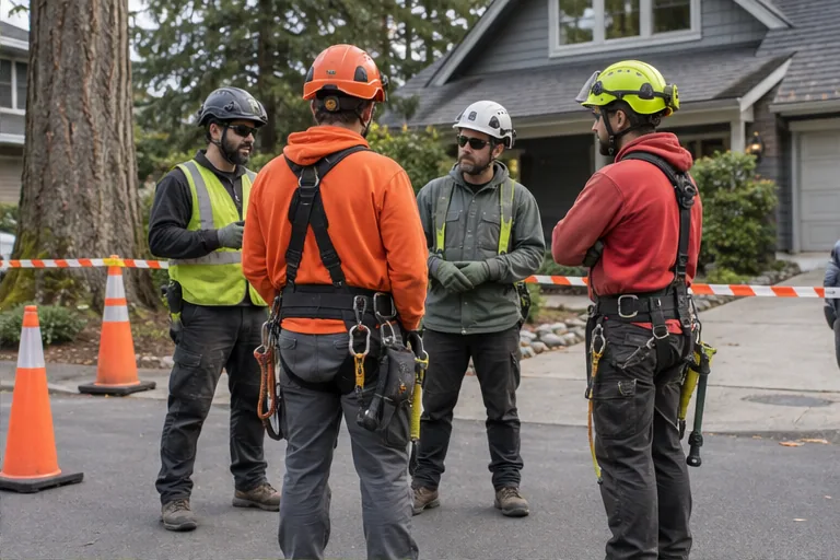 Illustration of a tree crew in protective equipment holding a briefing.