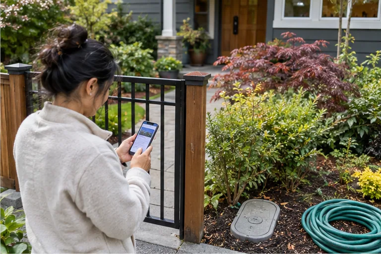 Illustration of a homeowner checking a phone near a water meter and hose.