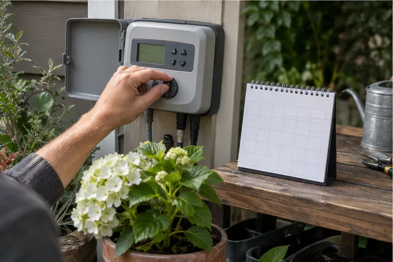 Illustration of a hand checking an irrigation controller next to a calendar.