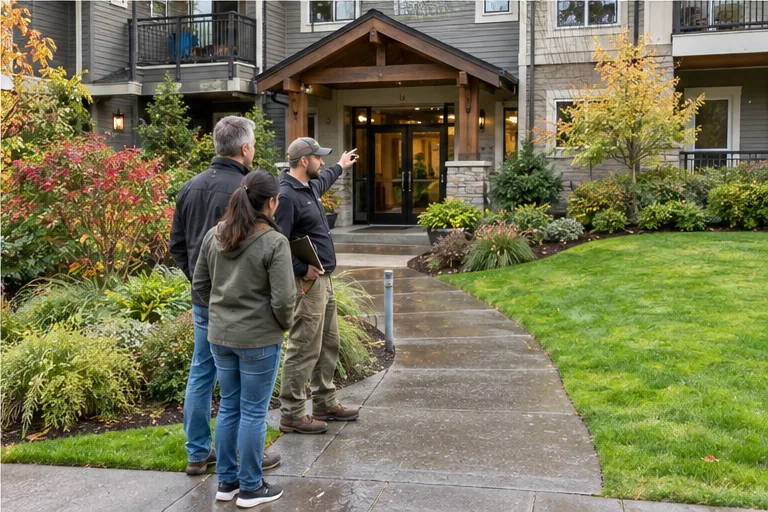 Illustration of a gardener pointing toward the entrance of a multi-unit residential building with a shared lawn.