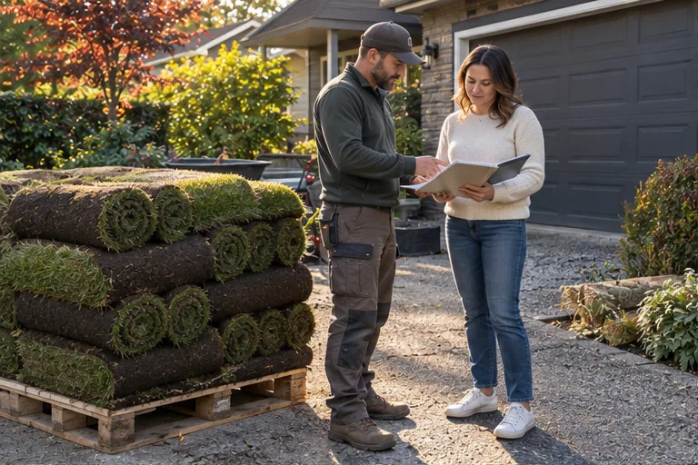 Illustration of two people reviewing documents next to a pallet of rolled turf.