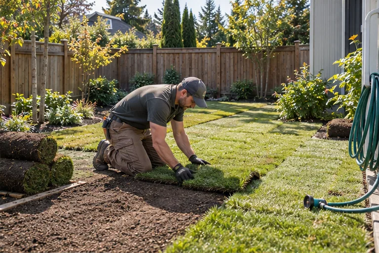 Illustration of a gardener laying fresh sod onto prepared soil.