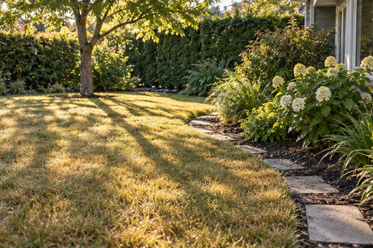 Illustration of an established lawn beside mulched shrubs.