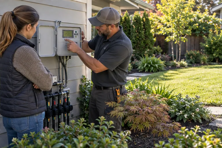 Illustration of a technician demonstrating irrigation zones beside an outdoor controller.