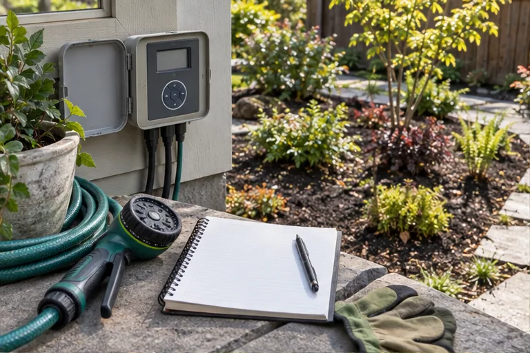 Illustration of a hose nozzle and notebook beside a newly planted garden.