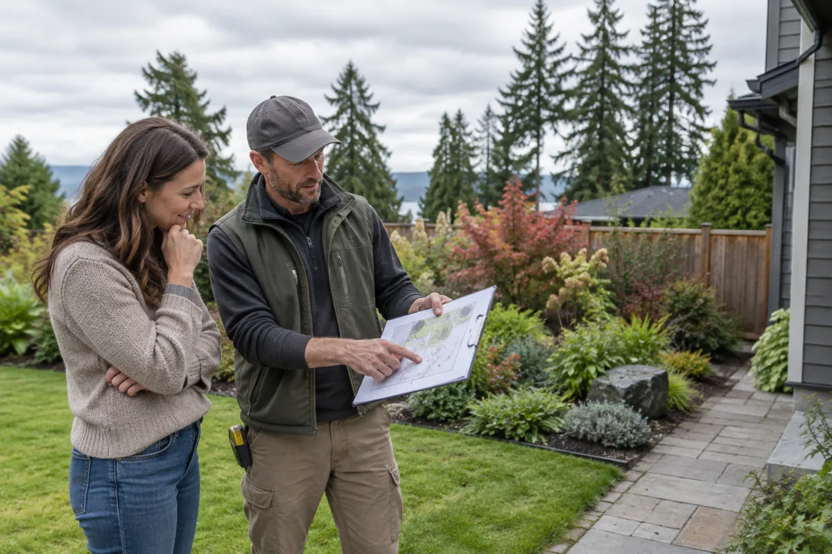 Editorial illustration of a homeowner and landscaper discussing a garden plan.