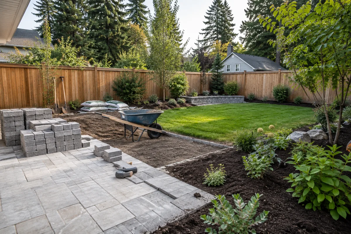 Landscaping illustration showing patio materials, soil preparation, lawn, and planted beds in a backyard.