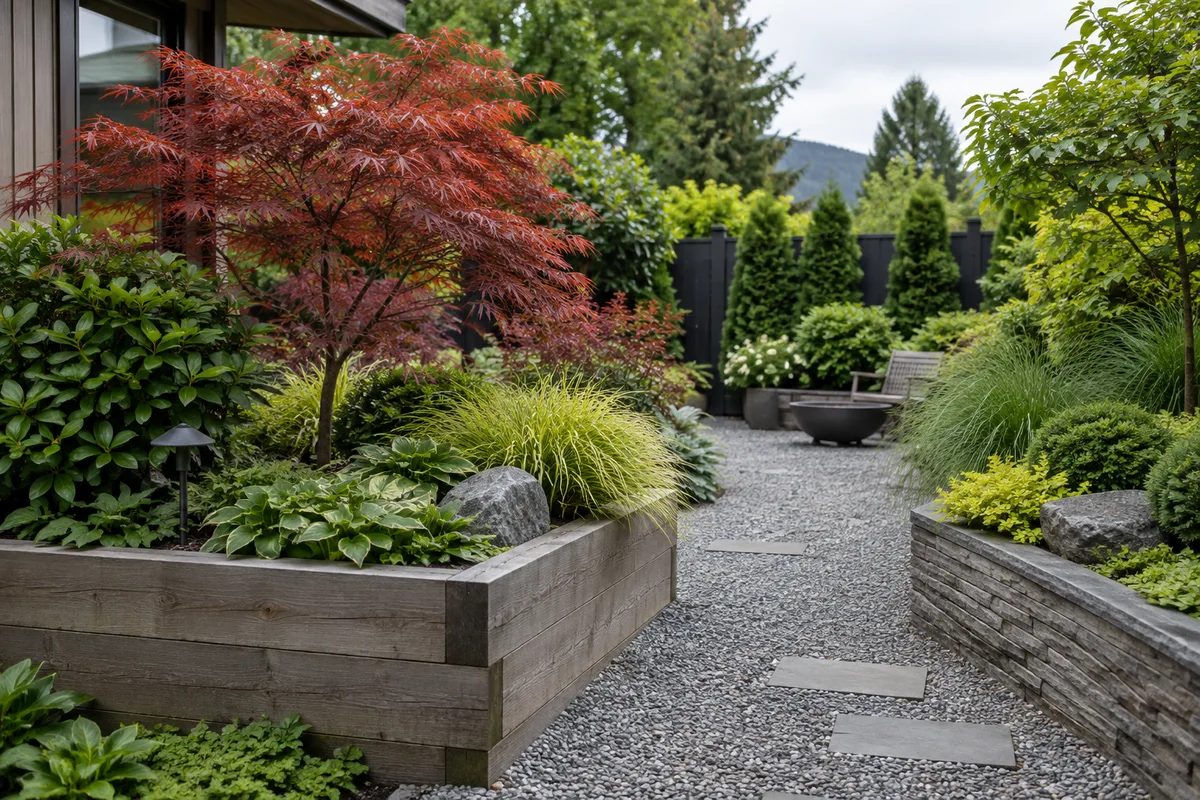 Garden planning illustration: A raised bed is part of a complete garden installation.