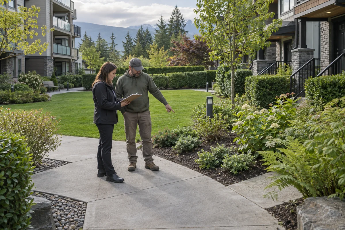 Editorial illustration of a manager and grounds contractor reviewing a planting bed in a Lower Mainland townhouse courtyard.