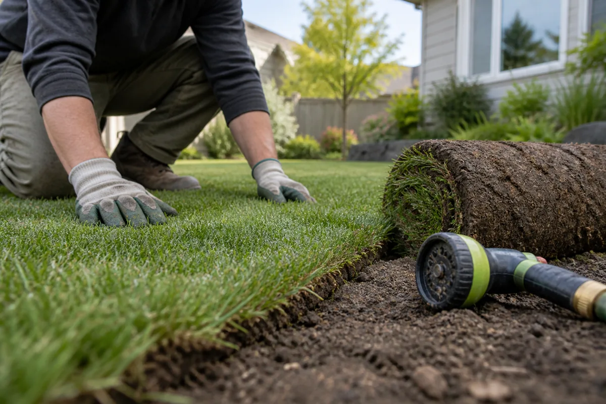 Lawn installation illustration showing fresh sod beside a hose nozzle.